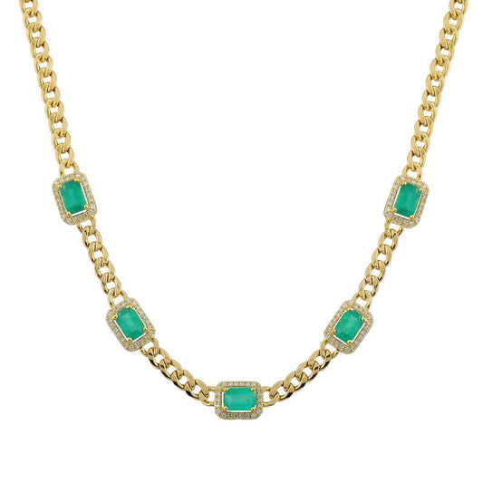 14k Yellow Gold Spaced Emerald Diamond Halo Cuban Link Necklace