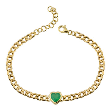 14k Yellow Gold Heart Green Agate Cuban Link Bracelet