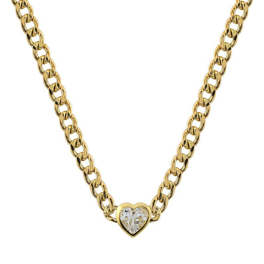 14k Yellow Gold Heart White Topaz Cuban Link Chain Necklace