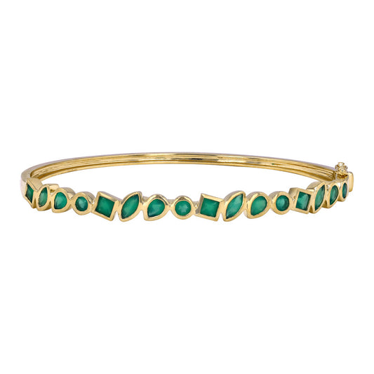 14k Yellow Gold Multi Shape Green Agate Bangle