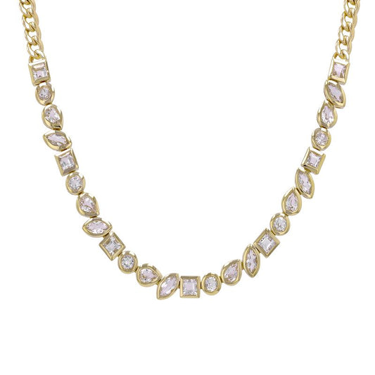 14k Yellow Gold Multi Shape White Topaz Bezel Cuban Link Necklace