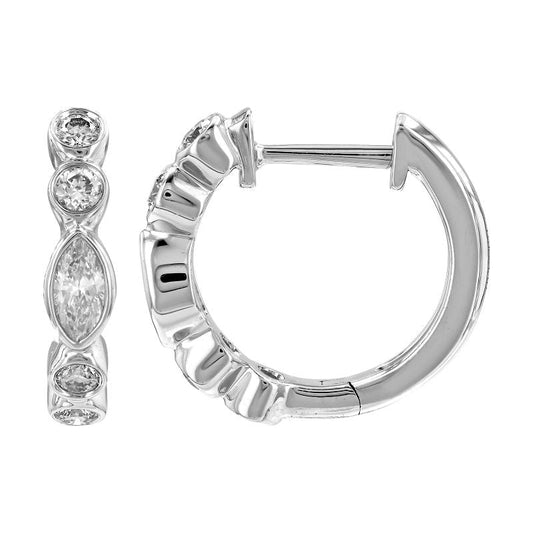 14k White Gold Bezel Marquise & Round Diamond Huggie Earrings