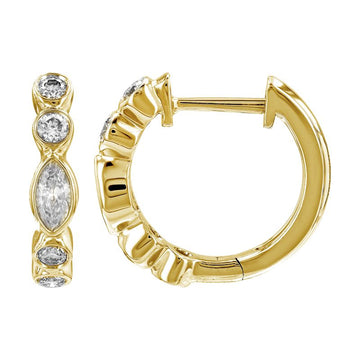 14k Yellow Gold Bezel Marquise & Round Diamond Huggie Earrings