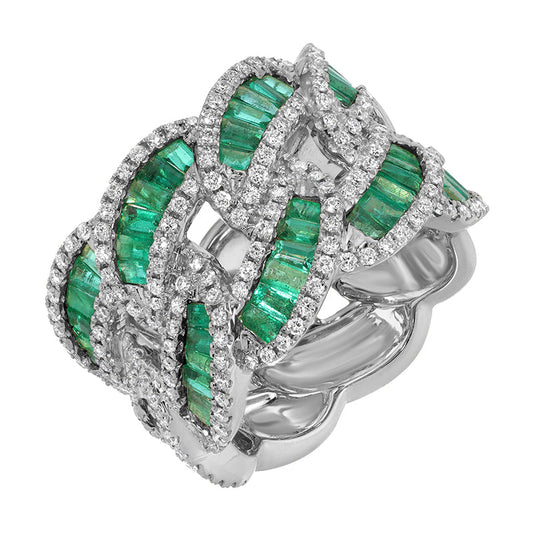 14k White Gold Wide Emerald & Diamond Link Ring