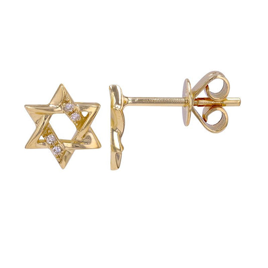 14k Yellow Gold Star Of David Gold Diamond Stud Earrings