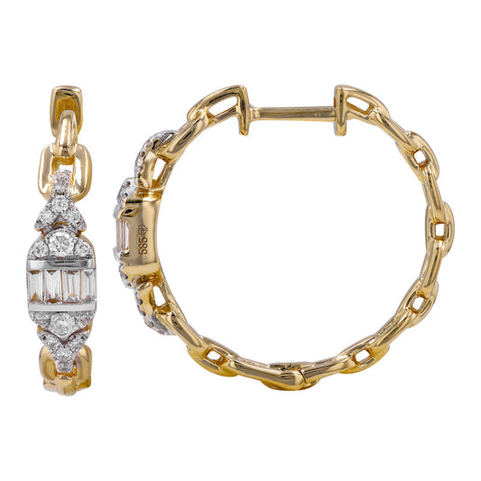 14k Yellow Gold Baguette Diamond Link Hoop Earrings