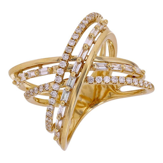 14k Yellow Gold Round & Baguette Diamond Triple Crossover Ring