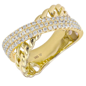 14k Yellow Gold Three Row Diamond Crossover Link Ring