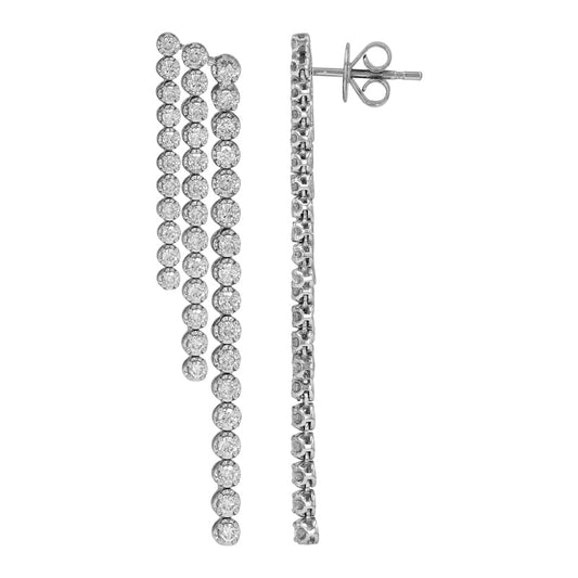 14k White Gold Crown Prong Three Row Diamond Tennis Drop Earrings