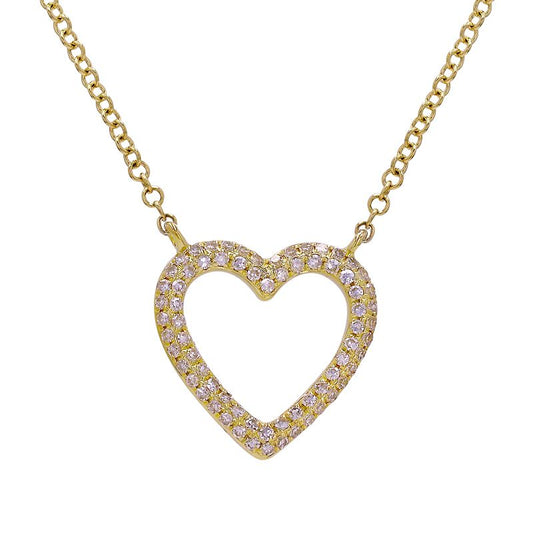 14k Yellow Gold Open Heart Diamond Necklace 12mm