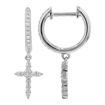 14k White Gold Cross Dangle Diamond Huggie Earrings