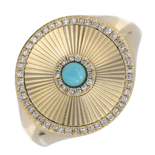 14k Yellow Gold Fluted Turquise Diamond Signet Ring