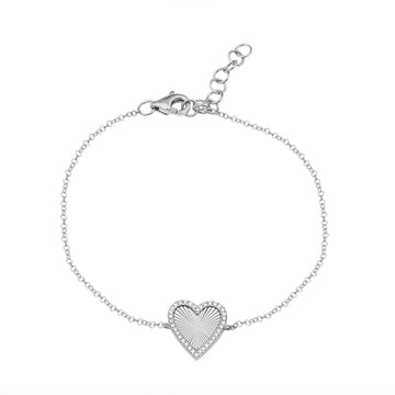 14k White Gold Fluted Heart Diamond Chain Bracelet 11mm