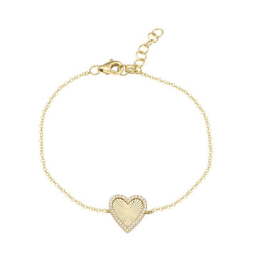 14k Yellow Gold Fluted Heart Diamond Chain Bracelet 11mm