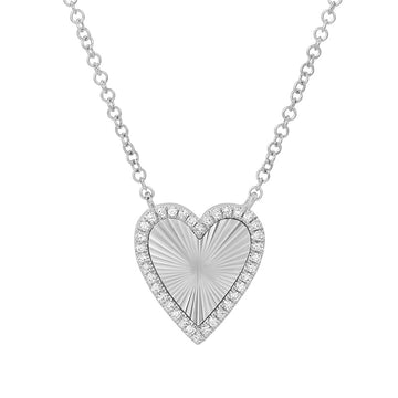 14k White Gold Fluted Heart Diamond Necklace 12mm