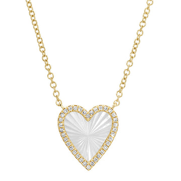 14k Yellow Gold Fluted Mother of Pearl Heart Diamond Necklace