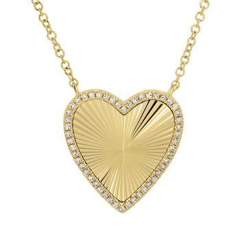 14k Yellow Gold Fluted Heart Diamond Necklace 16mm