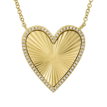 14k Yellow Gold Fluted Heart Diamond Necklace 20mm