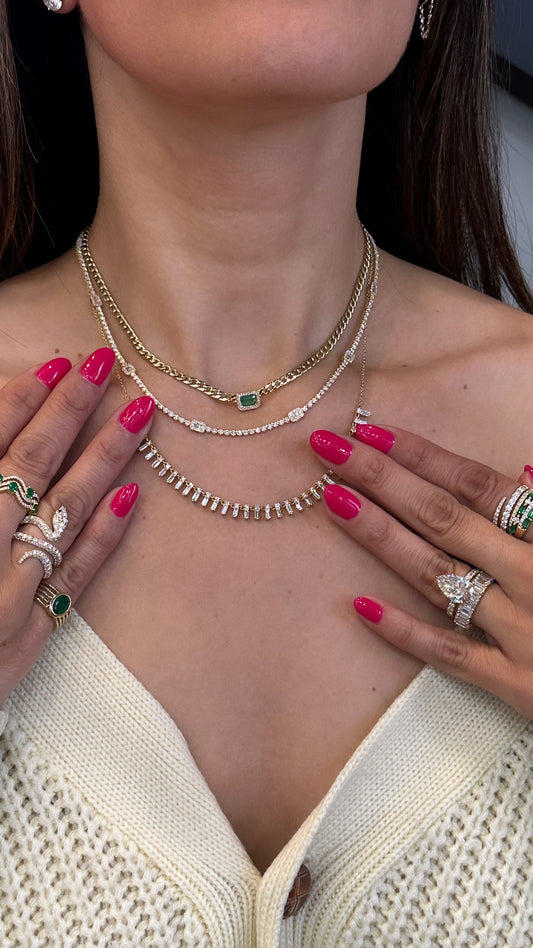 14k Yellow Gold Emerald Diamond Halo Cuban Link Choker Necklace .60ctw