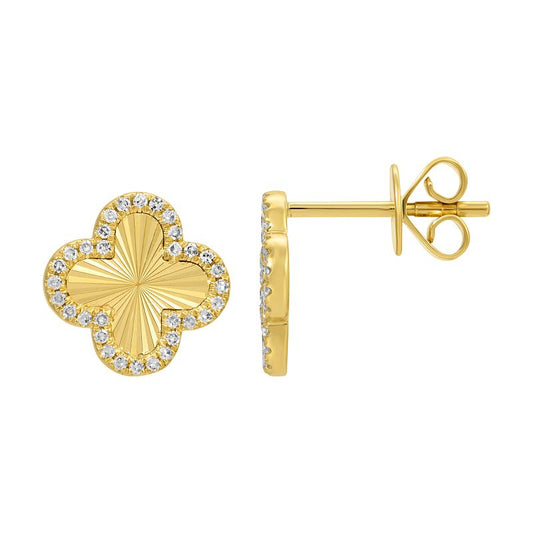 14k Yellow Gold Fluted Clover Diamond Stud Earrings