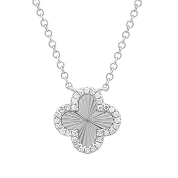 14k White Gold Fluted Clover Diamond Necklace