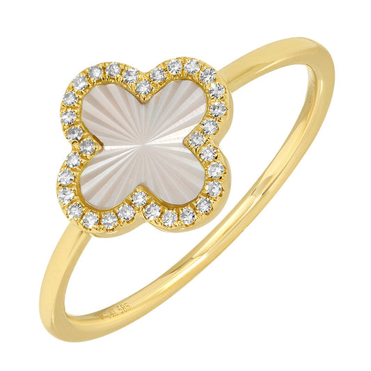 14k Yellow Gold Fluted Mother of Pearl Clover Diamond Ring