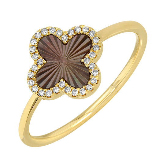 14k Yellow Gold Fluted Black Mother of Pearl Clover Diamond Ring