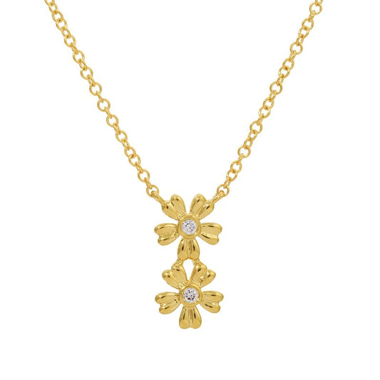 14k Yellow Gold Double Flower Diamond Necklace