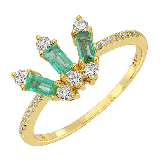 14k Yellow Gold Emerald Baguette Crown Diamond Ring