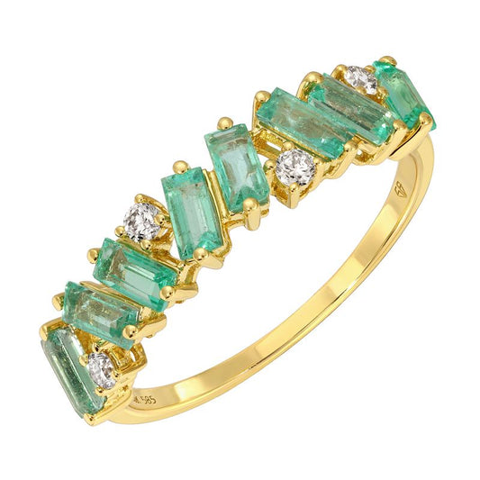 14k Yellow Gold Asymmetric Emerald Baguette Diamond Ring