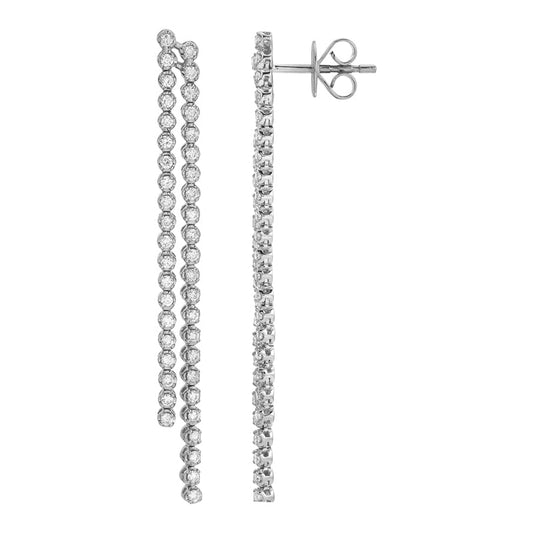 14k White Gold Slanted Two Row Diamond Tennis Tassel Earrings