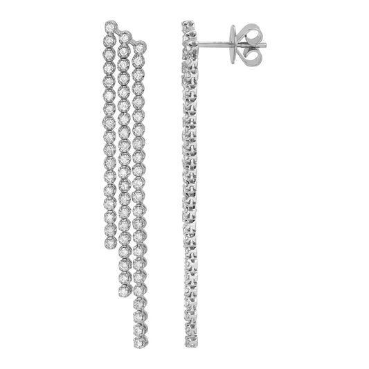 14k White Gold Slanted Three Row Diamond Tennis Tassel Earrings