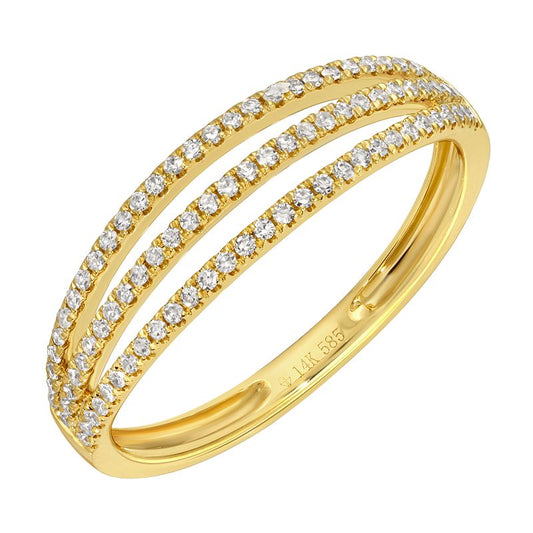 14k Yellow Gold Spaced Three Row Diamond Ring