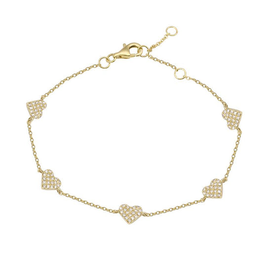 14k Yellow Gold Spaced Hearts Diamond Bracelet