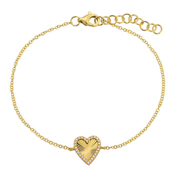 14k Yellow Gold Fluted Heart Diamond Chain Bracelet 9mm