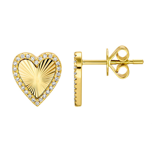 14k Yellow Gold Fluted Heart Diamond Stud Earrings 10mm