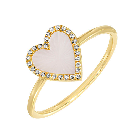 14k Yellow Gold Fluted Pink Mother of Pearl Heart Diamond Ring