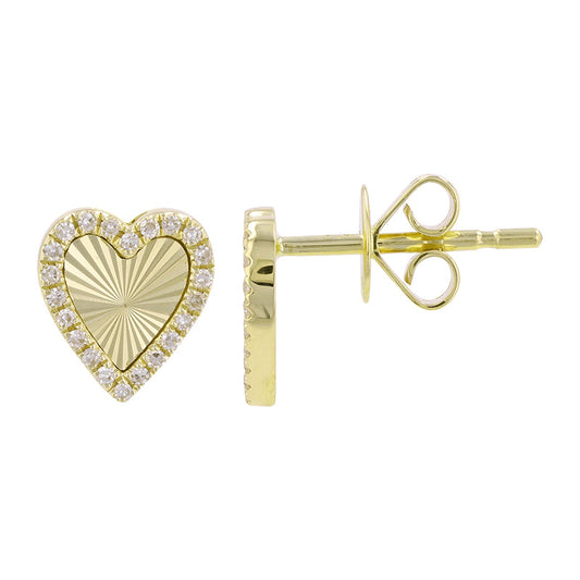 14k Yellow Gold Fluted Heart Diamond Stud Earrings 7.5mm