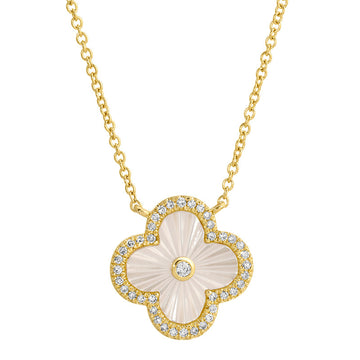 14k Yellow Gold Fluted Mother of Pearl Clover Diamond Necklace