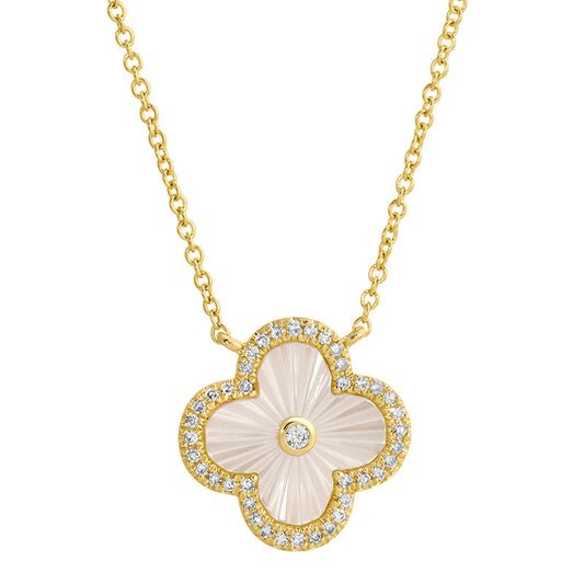 14k Yellow Gold Fluted Mother of Pearl Clover Diamond Necklace