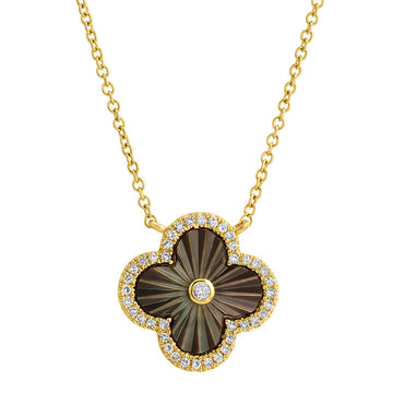 14k Yellow Gold Fluted Black Mother of Pearl Clover Diamond Necklace