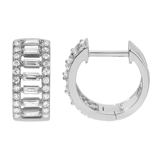 14k White Gold Wide Baguette Diamond Huggie Earrings