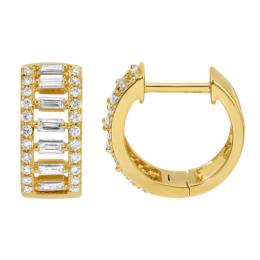 14k Yellow Gold Wide Baguette Diamond Huggie Earrings