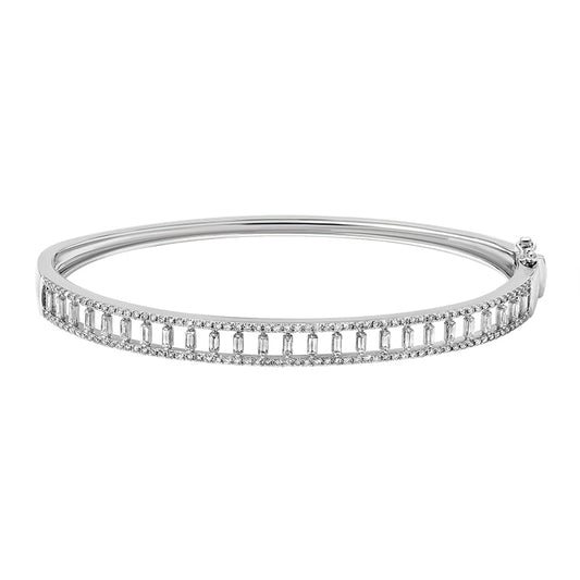 14k White Gold Vertical Baguette & Halo Diamond Bangle