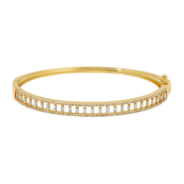 14k Yellow Gold Vertical Baguette & Halo Diamond Bangle