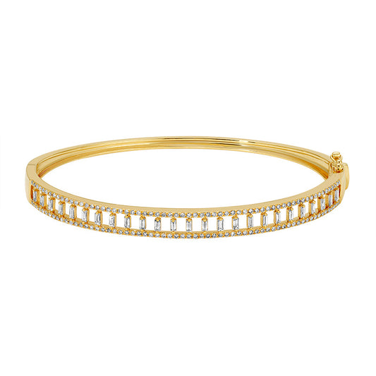 14k Yellow Gold Vertical Baguette & Halo Diamond Bangle