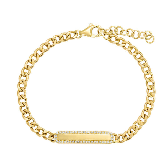 14k Yellow Gold Diamond ID Tag Cuban Link Bracelet