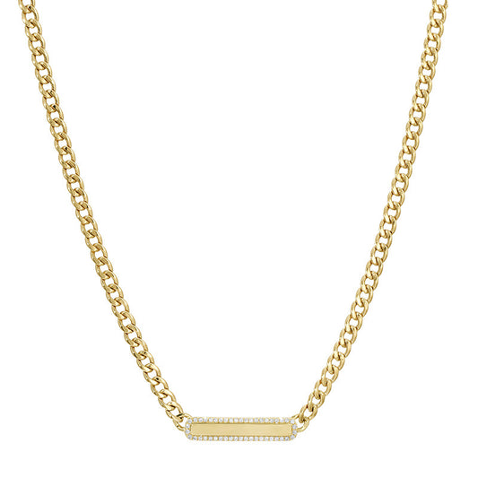 14k Yellow Gold Diamond ID Tag Cuban Link Necklace