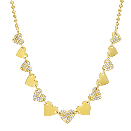 14k Yellow Gold Heart Alternating Diamond Gold Bead Chain Necklace