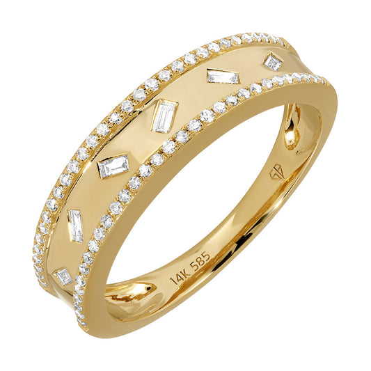 14k Yellow Gold Asymmetric Baguette Inlay Diamond Ring